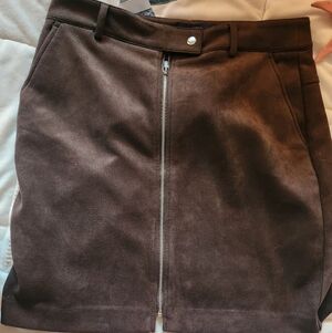 Brown Suede Zip Front Mini Skirt